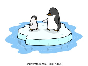 Penguins On Ice  hand drawn vector illustration two cute penguins standing floating iceberg  all objects are separate groups for easy editing 