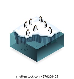 Penguins on ice in the open sea, isometric concept. Low poly 3d concept of nature in Antarctica. Vector illustration.