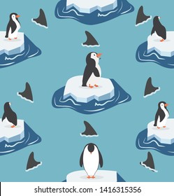 penguins on a piece of iceberg with fin sharks pattern