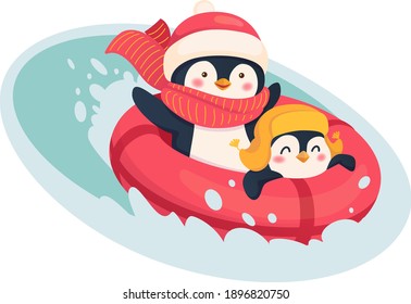 Penguins on a snow tube. Sport and leisure concept illustration