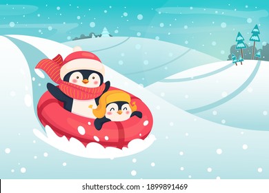 Penguins on a snow tube. Sport and leisure concept illustration