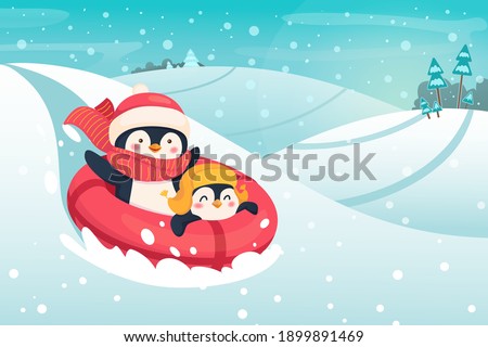 Penguins on a snow tube. Sport and leisure concept illustration