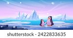 Penguins on snowy arctic landscape. Vector cartoon illustration of cute antarctic bird characters sitting on pieces of ice floating on cold water surface, snow falling from frosty pink and blue sky