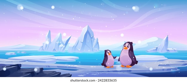 Penguins on snowy arctic landscape. Vector cartoon illustration of cute antarctic bird characters sitting on pieces of ice floating on cold water surface, snow falling from frosty pink and blue sky