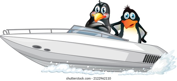 Penguins on a speed boat in cartoon style illustration