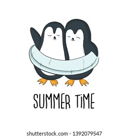 Penguins on Summer vacation with inflatable. Hand-drawn cartoon character kids art print. Vector doodle t-shirt design. Baby boy creative poster.