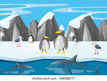 Penguins and other animals in north pole illustration