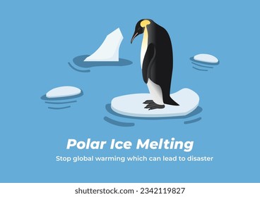 Penguins and other polar creatures will lose their homes due to melting glacier. Global warming causes melting of glaciers. Environmentally poster.