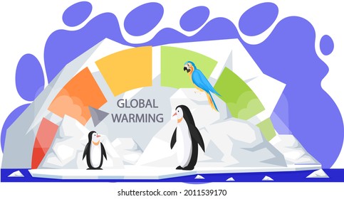 Penguins and parrot during melting glaciers. Polar animals on ice floe asking for help. Polar birds on background of scale with indicator of global warming. Melting glaciers due to climate change