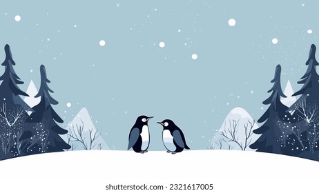 Penguins with pine tree and snow landscape border cartoon for book cover, e-book, reading book, writing book and sketch drawing book wallpaper background vector illustration