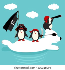 penguins pirates swim on  polar bear  - vector illustration, eps
