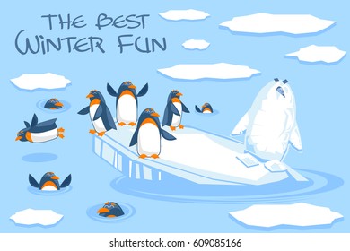 Penguins play with a snowman and jump into the water