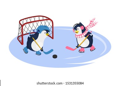 Penguins playing hockey. Isolated characters in cartoon style. Winter sport. Fanny image of arctic bird. Vector illustration