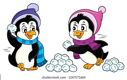 Penguins playing with snow image 1 - eps10 vector illustration.
