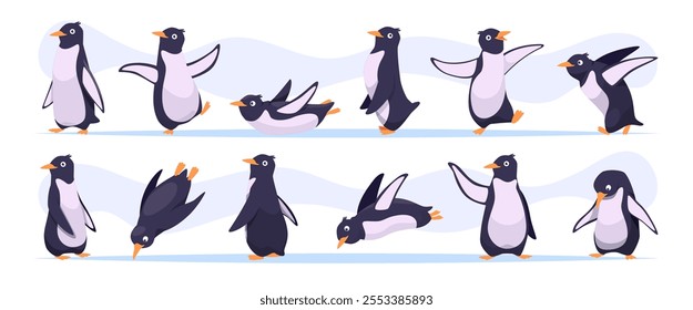 Penguins. Polar arctic birds in funny poses exact vector wild animals