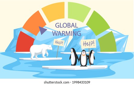 Penguins And Polar Bear Are Very Sad About Melting Glaciers. Animals During Global Warming Concept. Polar Animals On Ice Floe Asking For Help. Scale With Indicator Of Global Warming On Planet Earth