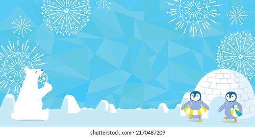 Penguins and Polar bear.Cool summer image illustration.