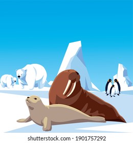 penguins polar bears walrus and seal animals north pole and iceberg landscape vector illustration