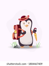 Penguins ready for vacation. Vacation background theme with pinguin, hat, umbrella and bag