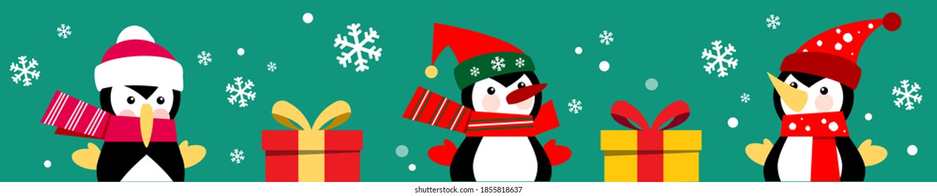 Pingüinos con bufanda roja y caja de regalo. Juego de caracteres personalizado. Feliz Navidad. Feliz Año Nuevo.  Ilustración del vector