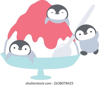 Penguins riding on a big shaved ice, strawberry flavor, simple, cute, animals and desserts, vector illustration