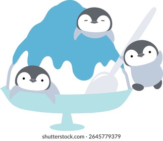 Pinguins montando em um grande gelo raspado Azul sabor Havaí Simples Bonitos Animais e sobremesas Ilustração Vetor