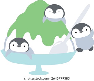 Penguins riding on a big shaved ice Melon flavor Simple Cute Animals and desserts Vector illustration