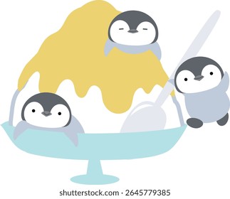 Pinguins montando em um grande sabor de limão de gelo raspado Simples Bonitos Animais e sobremesas Ilustração vetorial