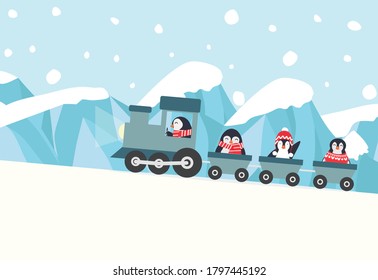 penguins riding  train North pole Arctic background