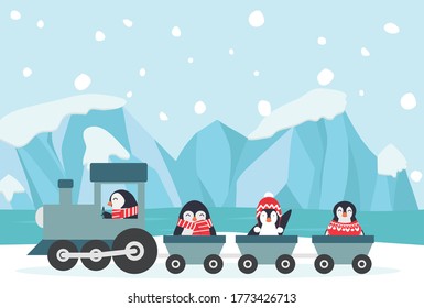 penguins riding  train in Winter North pole Arctic 