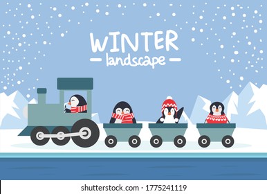 penguins riding  train in Winter North pole Arctic landscape