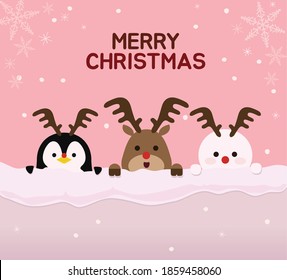 Penguins, Rudolphs, and snowmen are celebrating Christmas by hiding in snowy fences/chirstmas card/christmas poster