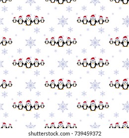 Penguins in a Santa hats. Snowfall. Seamless vector illustration on a white background. Flat design style. Swatch inside