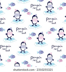 Penguins with in scarf on ice floe with fishes kids wear design