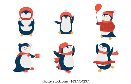 Penguins in scarfs and hats doing casual things vector illustration