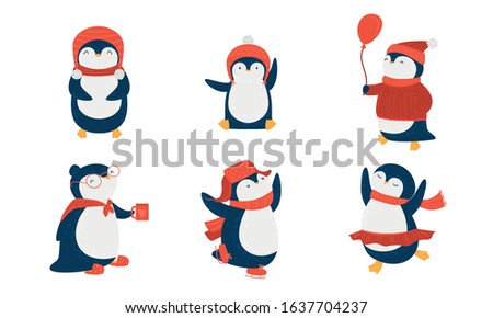 Penguins in scarfs and hats doing casual things vector illustration