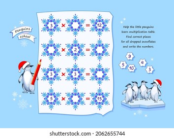 Penguins school. Help the little penguins learn multiplication table. Find correct places for all dropped snowflakes. Write numbers. Logic puzzle game. Math education. Worksheet for kids. Play online
