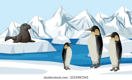 Penguins and seal in a snowy, icy habitat