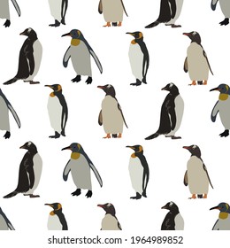 Penguins seamless pattern. Backgrounds and wallpapers for invitations, cards, fabrics, packaging, textiles, posters. Vector illustration.