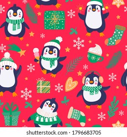 Penguins seamless pattern. Cartoon cute penguins in winter clothing and hats, christmas arctic animals, childish textile vector texture. Animals with gingerbread, hot chocolate in cup