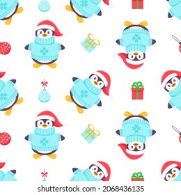 Penguins seamless pattern. Cartoon penguin in a cap, scarf and snowflakes. Vector cute winter illustration blue background. Merry Christmas and Happy New Year seamless pattern with penguins in vector