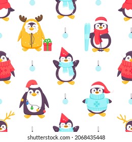 Penguins seamless pattern. Cartoon penguins in various poses and emotions. Vector cute winter illustration blue background. Merry Christmas and Happy New Year seamless pattern with penguins in vector