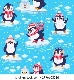 Penguins seamless pattern. Cute baby penguins in winter clothing and hats, christmas arctic animal, kids textile or wallpaper vector texture. Characters standing on piece of ice in cold water