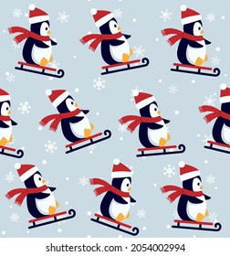 Penguins seamless pattern. Cute baby penguins in winter clothing and hats, christmas arctic animal, kids textile or wallpaper vector texture. eps 10