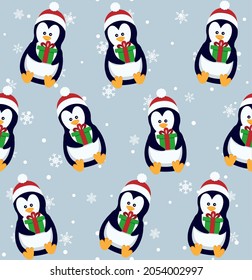 Penguins seamless pattern. Cute baby penguins in winter clothing and hats, christmas arctic animal, kids textile or wallpaper vector texture. eps 10