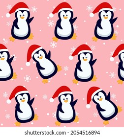 Penguins seamless pattern. Cute baby penguins in winter clothing and hats, christmas arctic animal, kids textile or wallpaper vector texture. eps 10