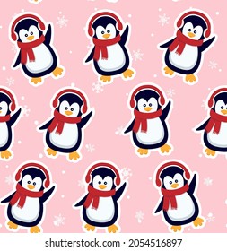 Penguins seamless pattern. Cute baby penguins in winter clothing and hats, christmas arctic animal, kids textile or wallpaper vector texture. eps 10