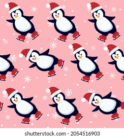 Penguins seamless pattern. Cute baby penguins in winter clothing and hats, christmas arctic animal, kids textile or wallpaper vector texture. eps 10