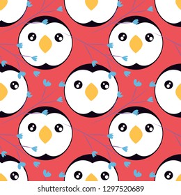 penguins seamless pattern on a red background with leaves