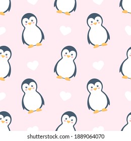 Penguins seamless pattern. Vector cute illustration pink background